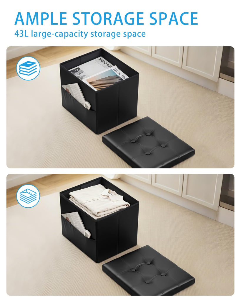 2PC Ottoman with Storage, 17" Leather Folding Foot Rest Stool, Black