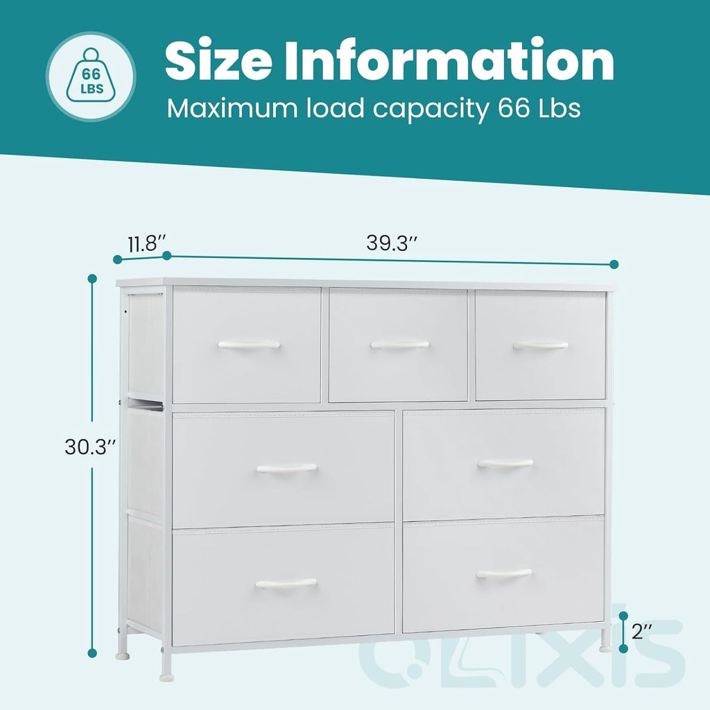 7 Drawer Closet Organizer, Storage Tower with Sturdy Steel Frame | White Dresser , Wooden Top & Easy Pull Fabric