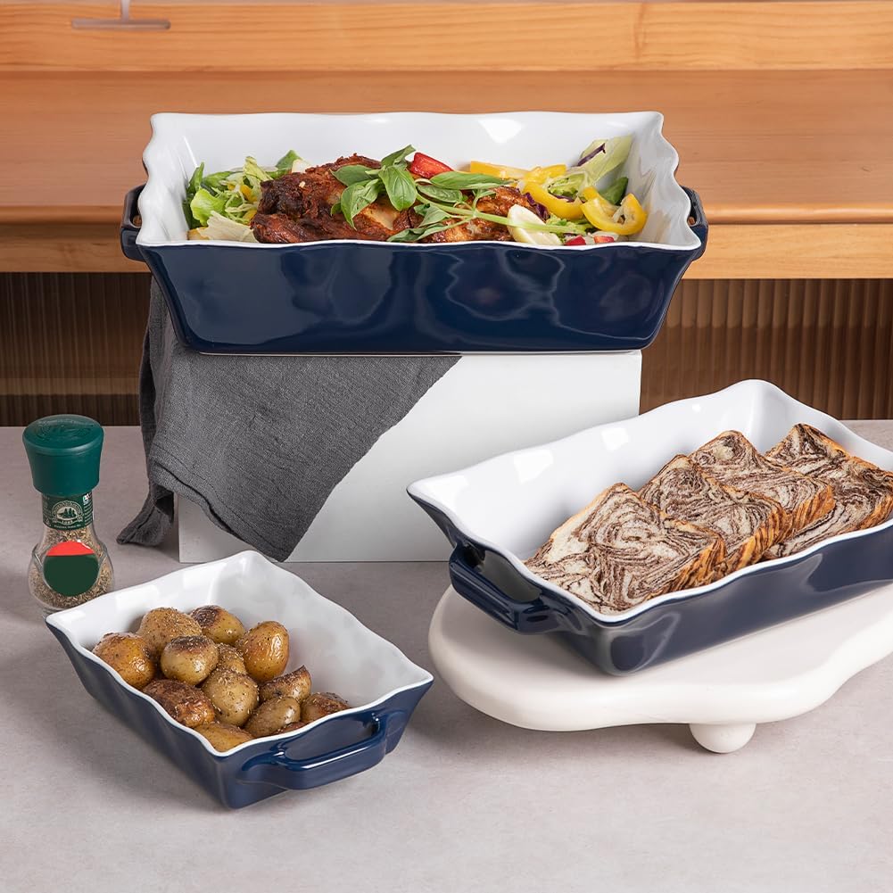 Casserole Dishes for Oven, Ceramic Bakeware Set of 3, Rectangular dish with Handles, Wave Edge Lasagna Pan Deep for
