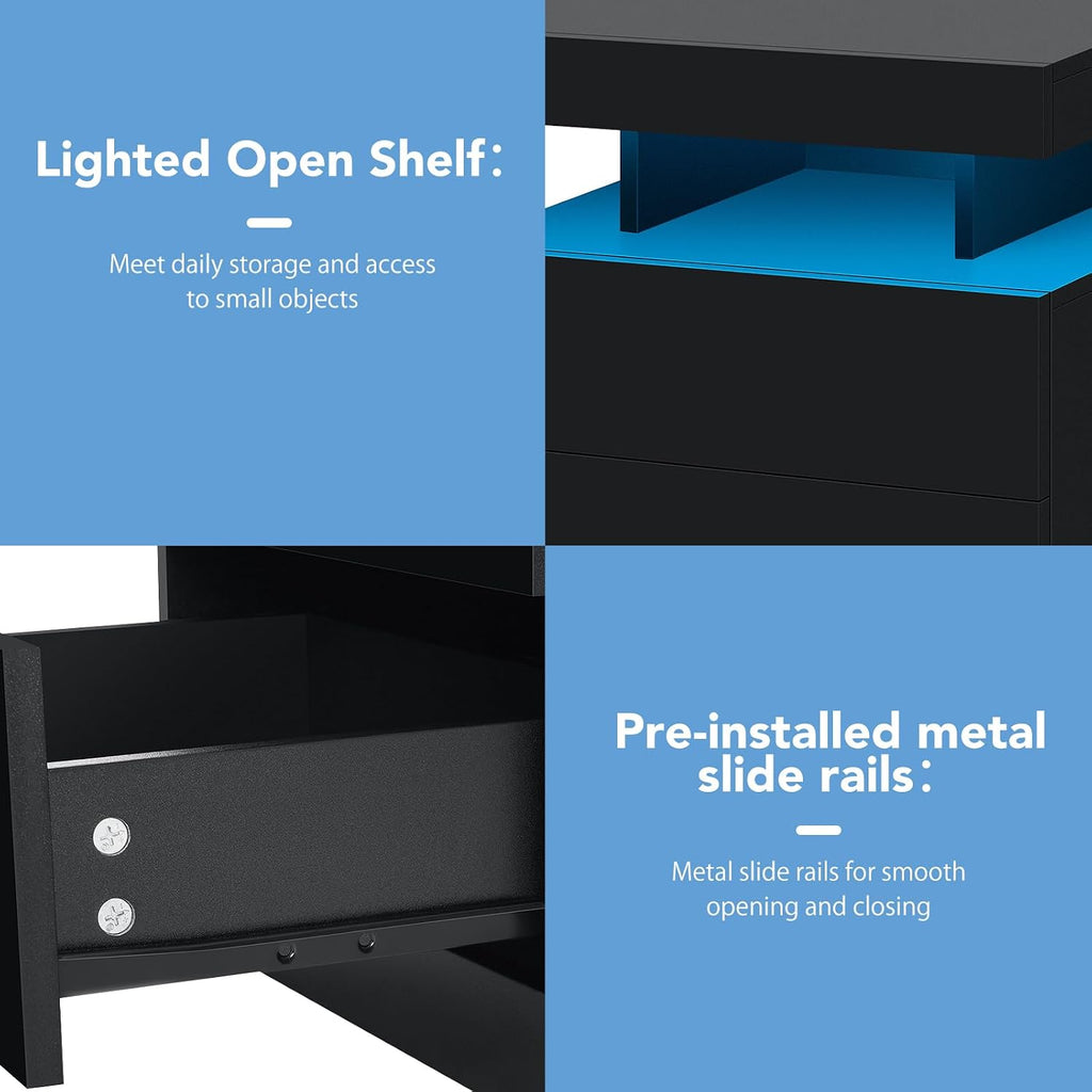 LED Nightstand with Wireless Charging Station & USB Ports, Modern Bedside Table, 3 Drawer Black Night Stand with Open