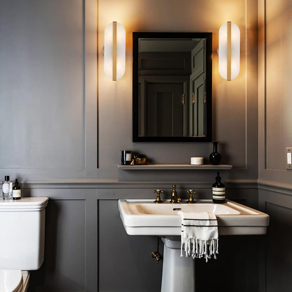 Natural Alabaster Wall Sconces Set of Two Marble Wall Sconces Gold Bathroom Vanity Wall Light Fixtures Modern Oval