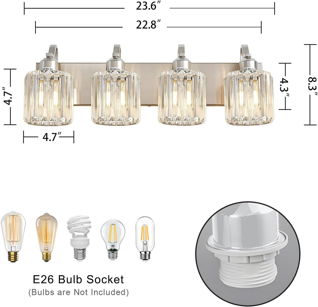 4 Lights Brushed Nickel Vanity Light Crystal Wall Light Bathroom Light Fixtures with Round Shade (Exclude Bulb)