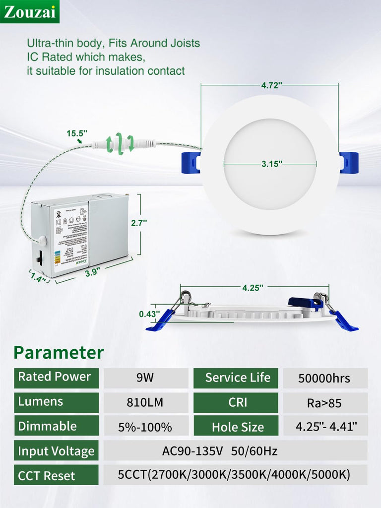 12 Pack 4 Inch LED Recessed Ceiling Light, 9W=60W, 5CCT, Dimmable