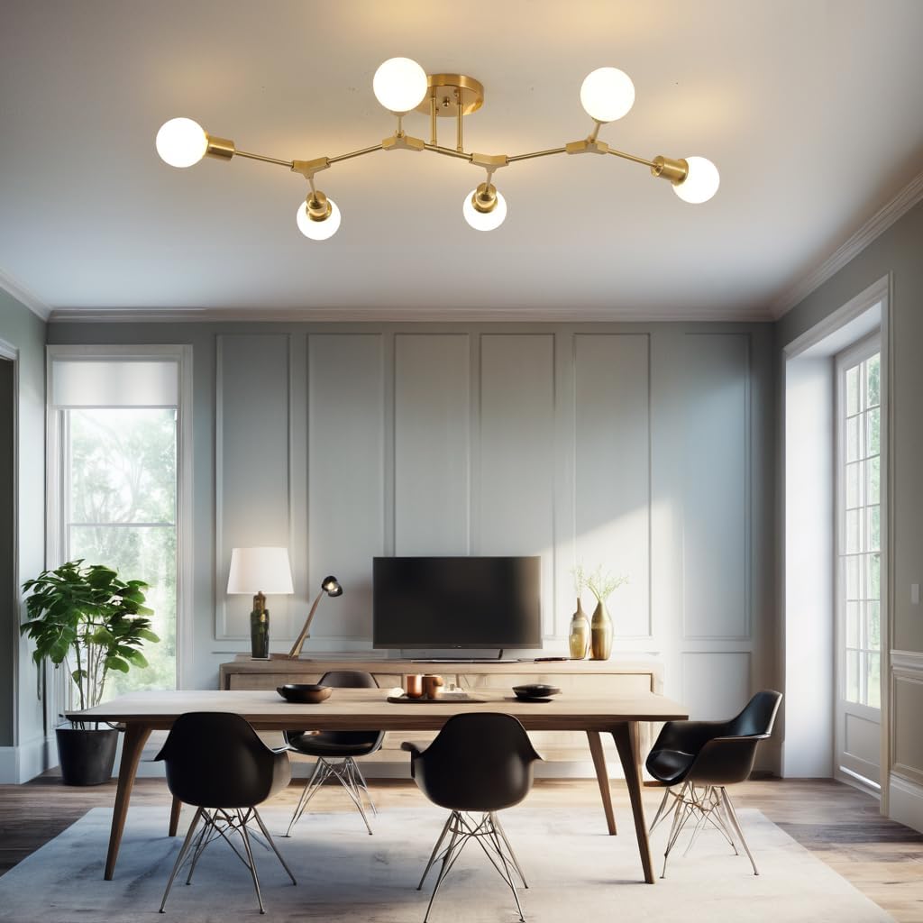Modern Mid Century 6 Light Semi Flush Mount Ceiling Lighting Fixture for Living Room Bedroom Dining Room Hallway