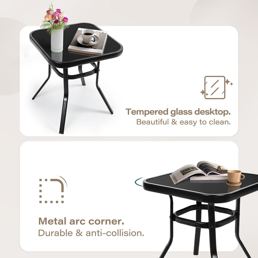 3-Piece Outdoor Rocking Chairs Bistro Set, Black Iron Patio Furniture with Red Thickened Cushion & Glass-Top Coffee
