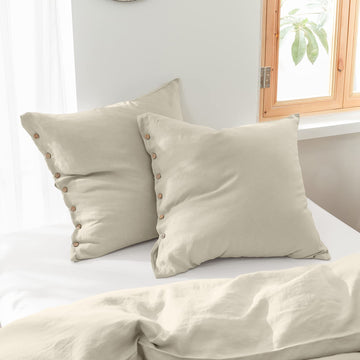 100% Linen Euro Shams with Coconut Button (26'' x 26'') - Pack of 2 - Washed Solid Color Natural Flax Soft Breathable