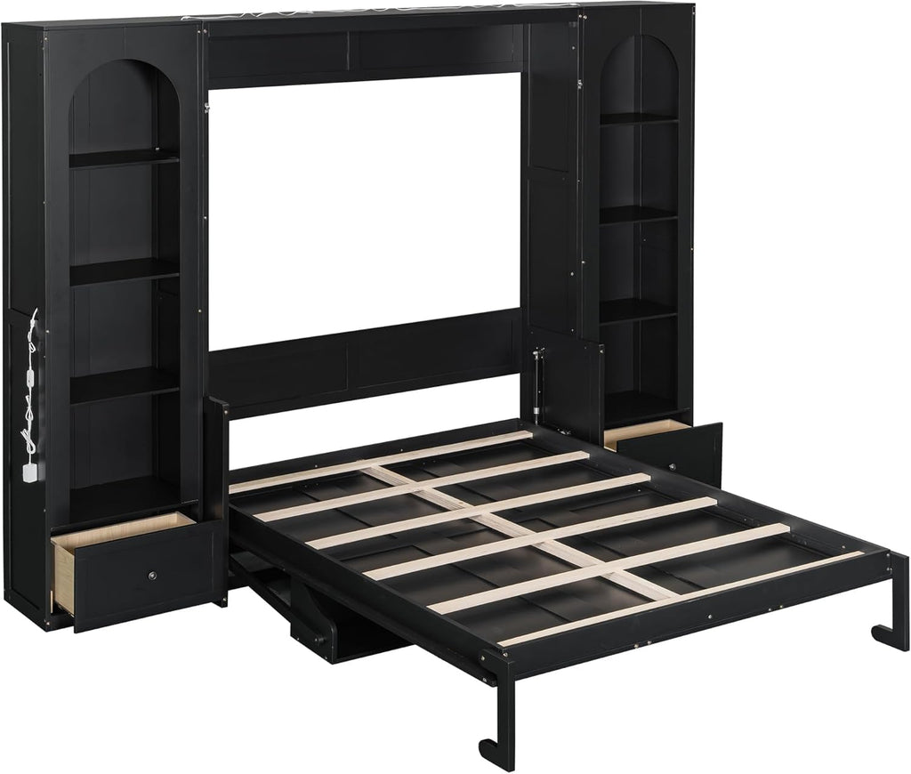 Queen Murphy Bed with Desk and Storage Bookcase & LED Light, Solid Wood Murphy Wall Bed with Storage Shelves and Drawers for Adults Bedroom Office (Queen,Black W/LED)