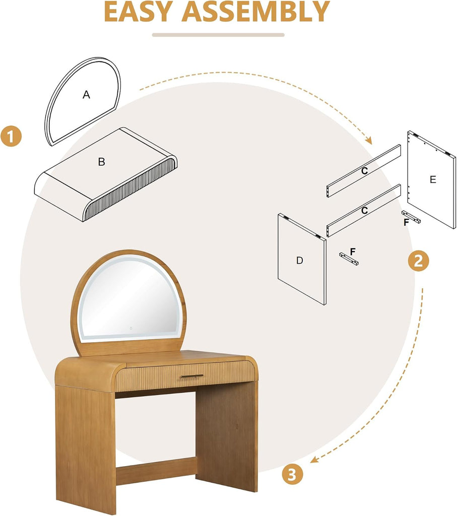 39" Makeup Vanity Table with Touch Screen Lighted Mirror, Rubber Wood Dressing Table with Large Drawer Living Room