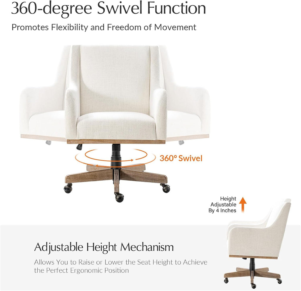 Wood Upholstered Home Office Desk Chair with Curved Armrests, Farmhouse Adjustable Height 360° Swivel Wide Seat