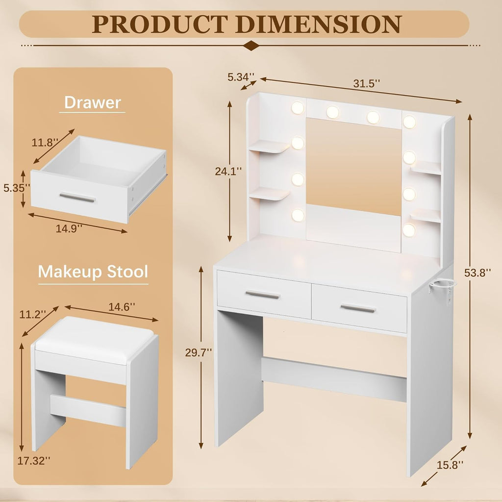 Make up Vanity Desk with Mirror and Power Outlet, Vanity with 3 Color Light Options Adjustable Brightness, Vanity
