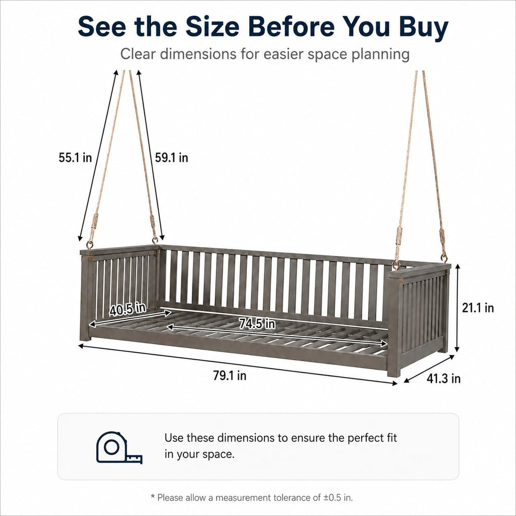 Twin Size Acacia Wood Hanging Swing Bed with Ropes, Outdoor Porch Daybed , Garden & Backyard, Minimalist Wooden Swing