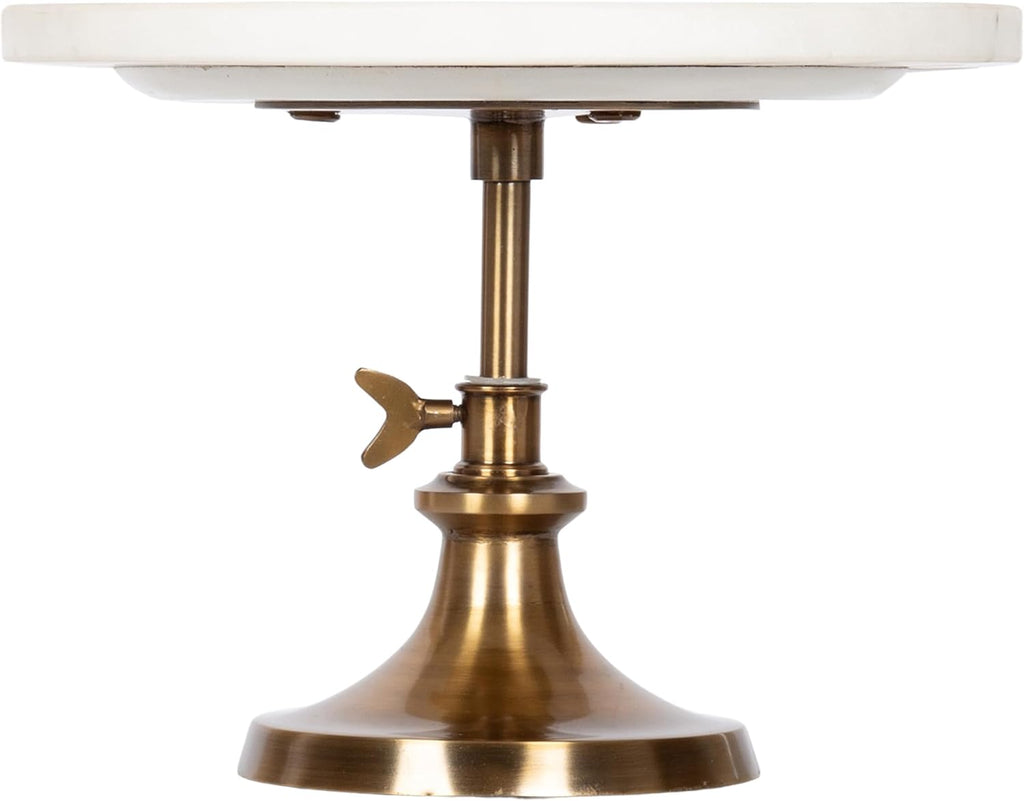 Engles Modern Adjustable-Height Round Marble Cake Stand, 10 Inch Diameter, White and Antique Brass, Marble Pedestal