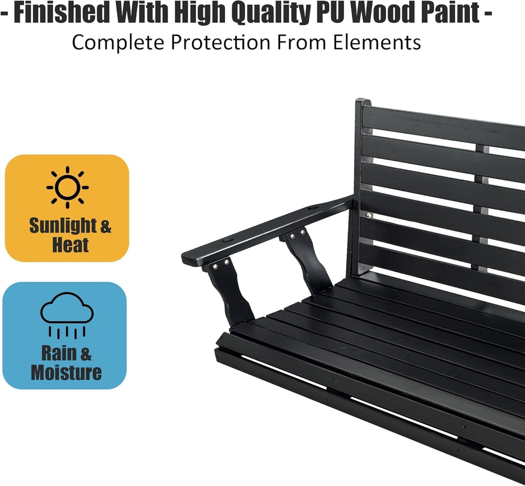 Wooden Porch Swing, Ergonomic Seat, Bench Swing with Hanging Chains and 7mm Springs, Heavy Duty 880 LBS, for Outdoor