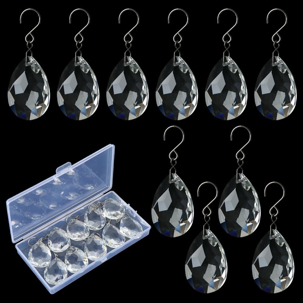 10pcs 38mm Crystal Suncatcher, Hanging Clear Teardrops Crystals - Chandelier Parts Prisms Pendants with Hook for