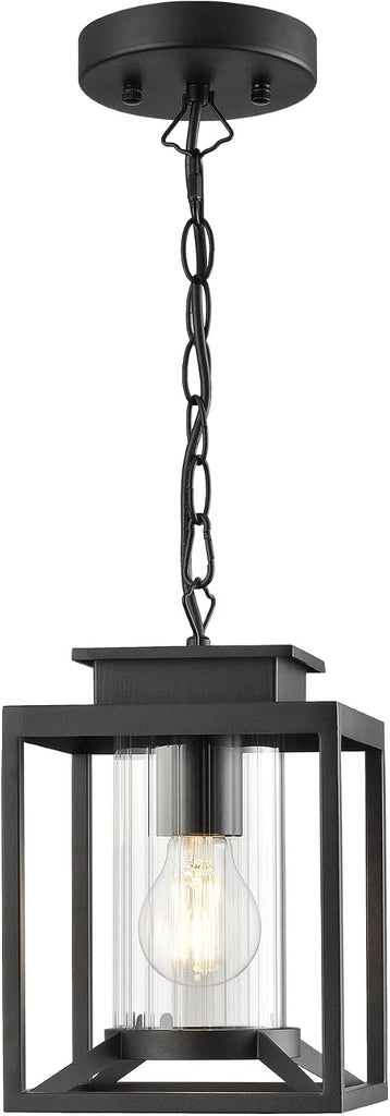 Outdoor Pendant Light for Porch, 1-Light Black Hanging Porch Light Modern Exterior Hanging Lantern with Cylinder