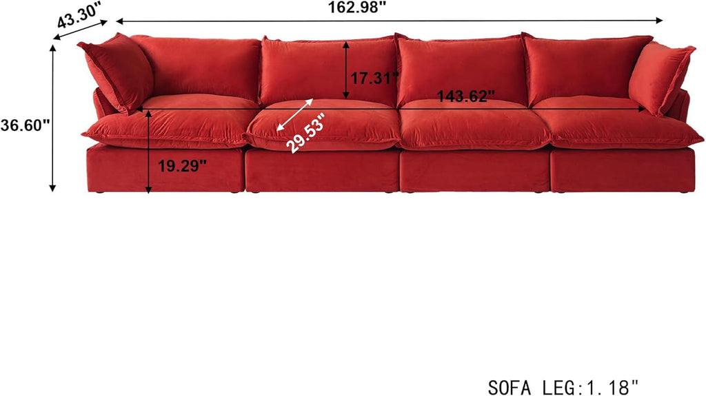 Modular Sectional Couches for Living Room, 162" Deep 4 Seats Sectional Sofa, Cushion Covers Removable, Two Corners and Two Middle, Sofas Furniture for Living Room, Red