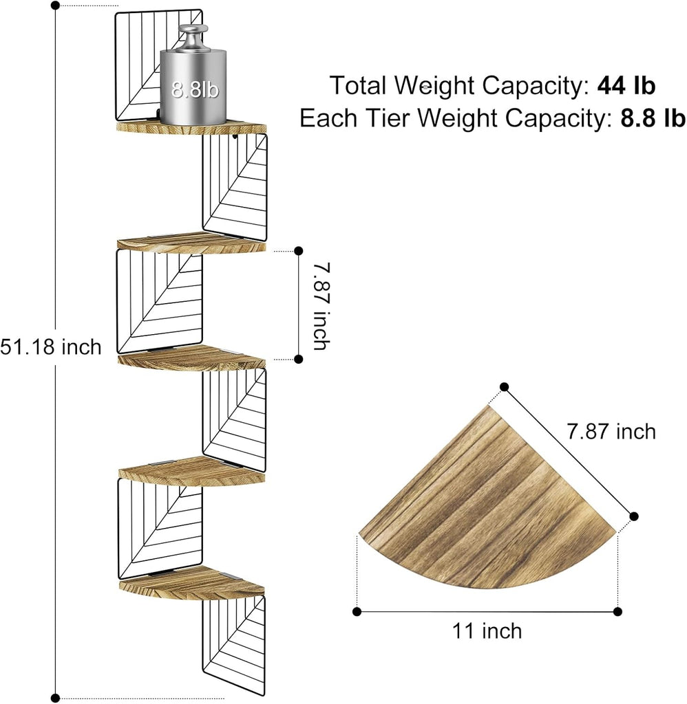 Corner Wall Shelf 5 Tier,Solid Wood,51" Tall,Carbonized Black | Easy to Install,Leaf-Shaped Floating Wall