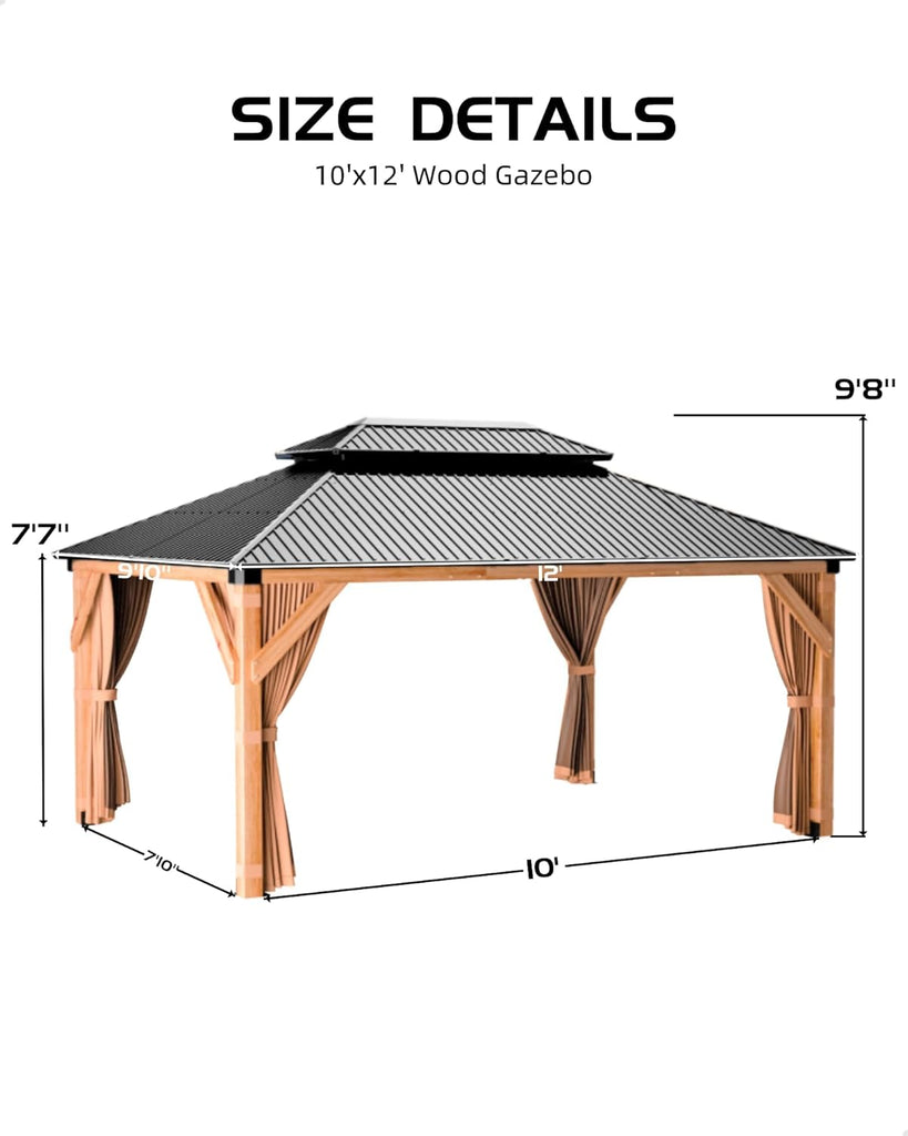10x12 ft Hardtop Wood Gazebo for All Weather, Double Metal Roof, Heavy Duty Cedar Frame, Curtains & Netting