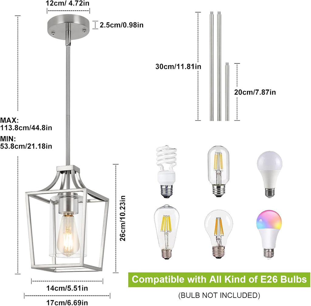 Brushed Nickel Lantern Pendant Light Fixture Pendant Lights for Kitchen Island with Clear Glass Shade, Adjustable