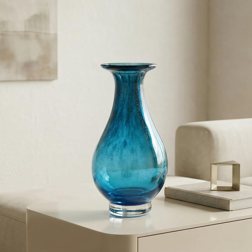 Blue Glass Vase, Hand Blown Wide Mouth Art Glass Vase, Murano Style Decorative Flower Vase Decor, Mantel, Dining