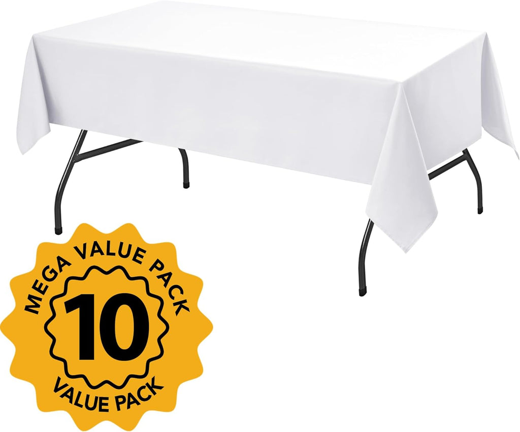 10-Pack White Tablecloths for Rectangle Tables, 60 x 102 Inches, Stain-Resistant Polyester Fabric for 6 Foot Tables