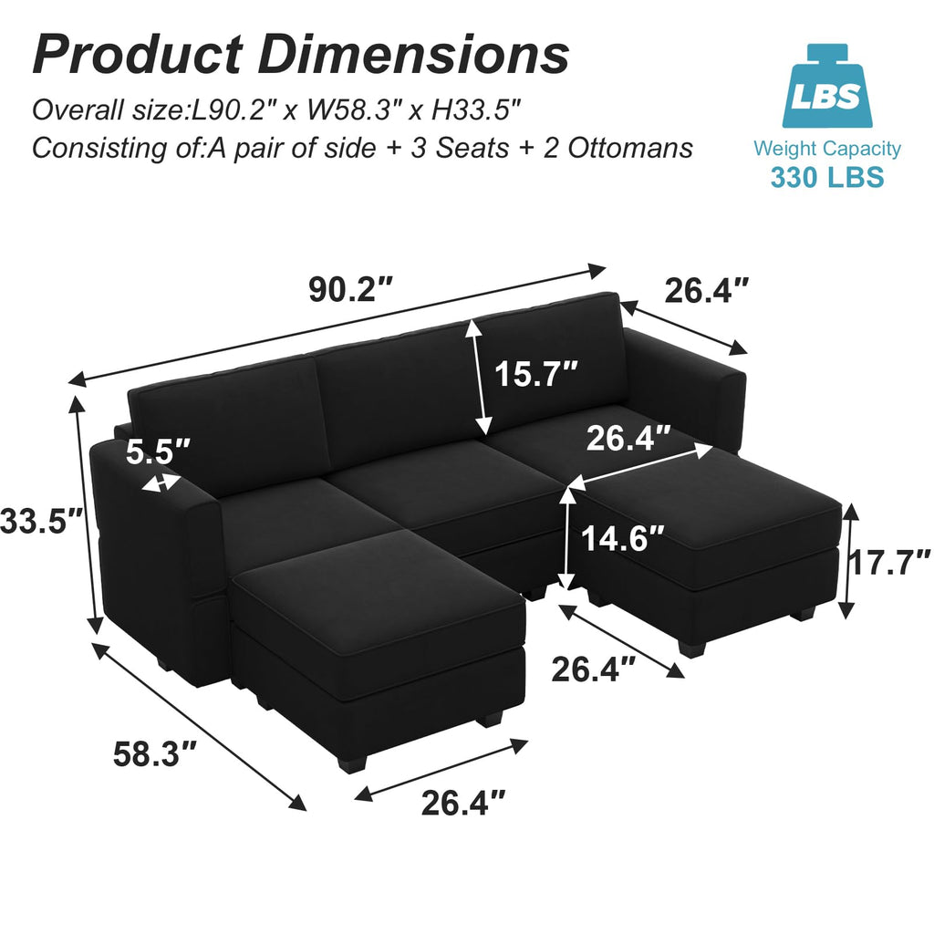 Modular Sectional Sofa with Double Chaise Velvet U Shaped Sofa Reversible Sectional Couch with Storage Black