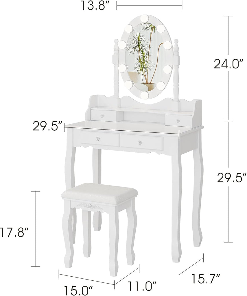 Girls Makeup Vanity Set with 360° Rotating Lighted Mirror | Dressing Table Desk with Dimmable LED Hollywood Lights, 4