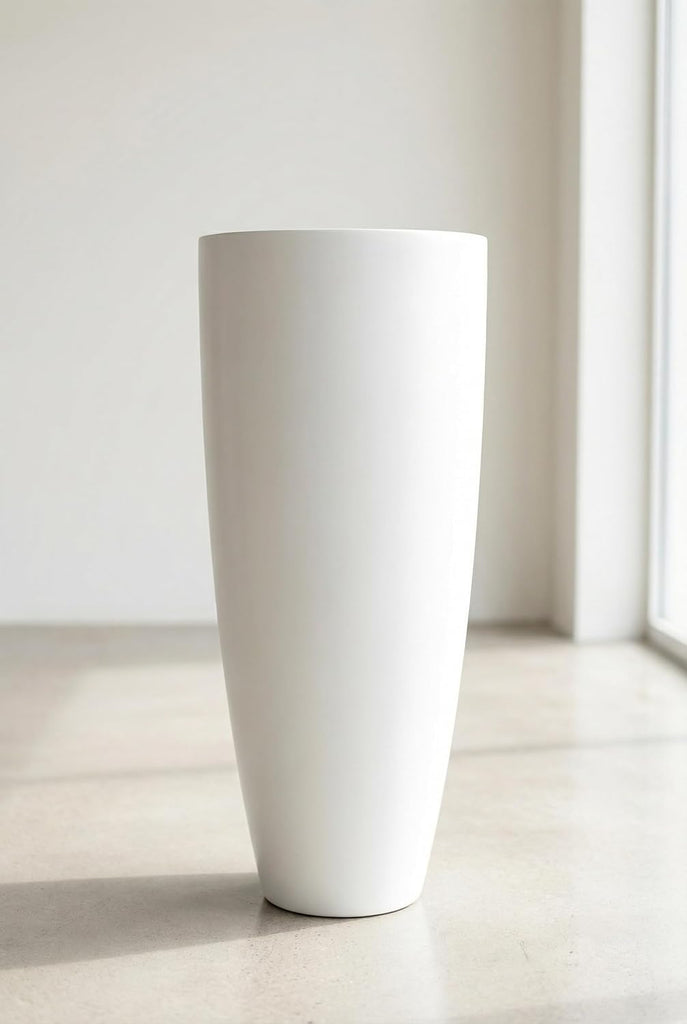 Tall 36" White Fiberglass Planter - Large Modern Lightweight Tapered Round Indoor/Outdoor Elegant Decorative Pot for