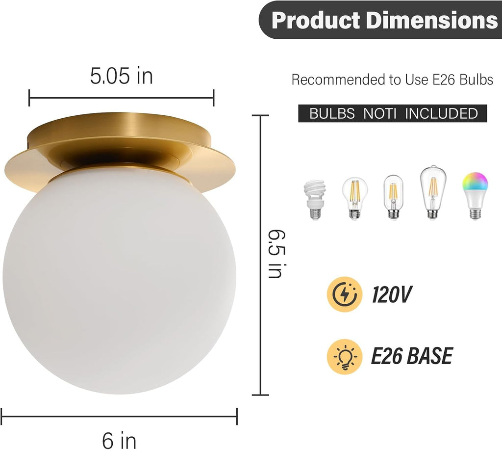 Modern Globe Brass Wall Sconce: 6" Gold Mid Century Modern Indoor Wall Mounted Lamp - Small Minimalist Frosted White
