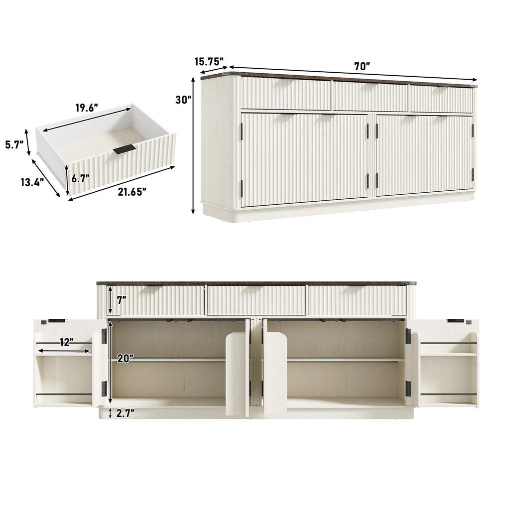 70" Rounded Edge Large Sideboard Buffet Cabinet with 3 Storage Drawers, Farmhouse Kitchen Fluted Sideboard Cabinet w 4