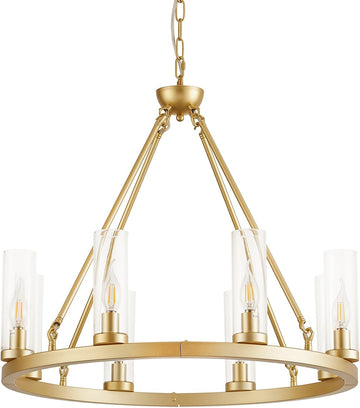 Inspired Ravelle Style 27D Gold Wheel Chandelier 8 Light Round Metal Pendant Light with Clear Glass Shades for Dining Room Kitchen Living Room Industrial Farmhouse Lighting Fixture