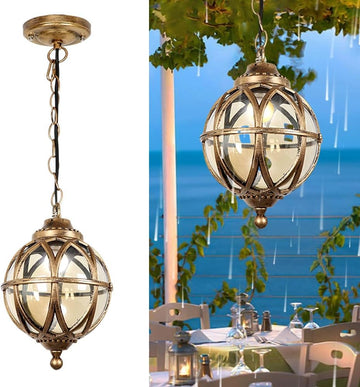 Outdoor Pendant Light for Porch, Vintage Waterproof Gold Globe Ceiling Hanging Lights Lantern Glass Aluminum Exterior