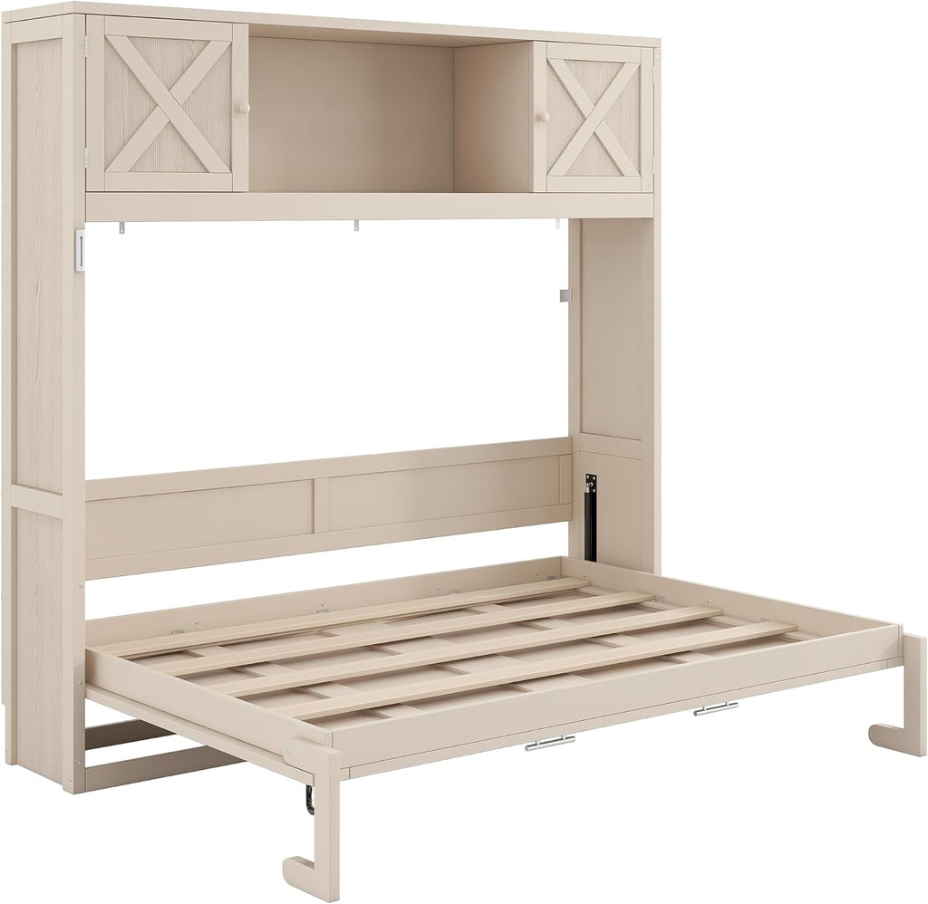 Full Murphy Bed with Storage Cabinets, Rustic Solid Wood Wall Bed with 3 Cabinet Shelves, Space Saving Foldable Bed