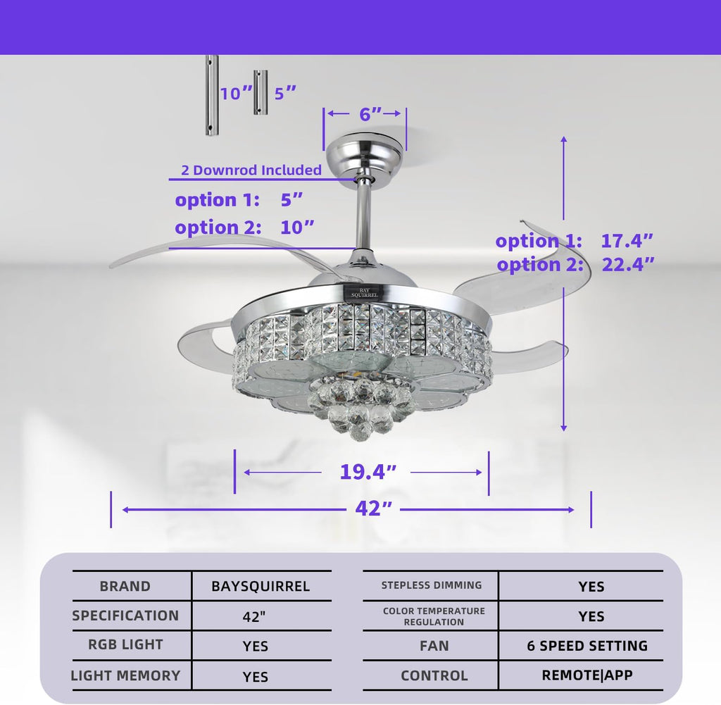 Retractable Ceiling Fan with Light and Remote/APP Control, Bluetooth Ceiling Fans with Speaker