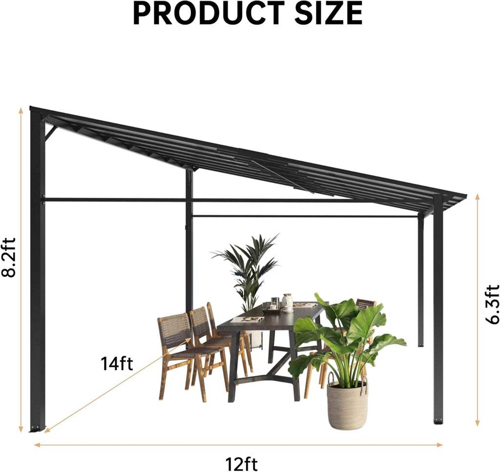 12'X14' Lean to Gazebo, Wall-Attached Hardtop Pergola with Anti-UV Polycarbonate Roof