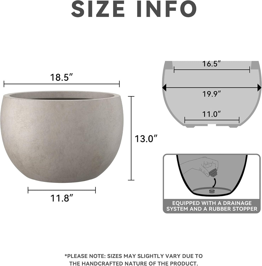 Large Round Bowl Weathered Concrete Planter 20" Dia, Outdoor | Rubber Plug for Indoor, Drainage for Garden