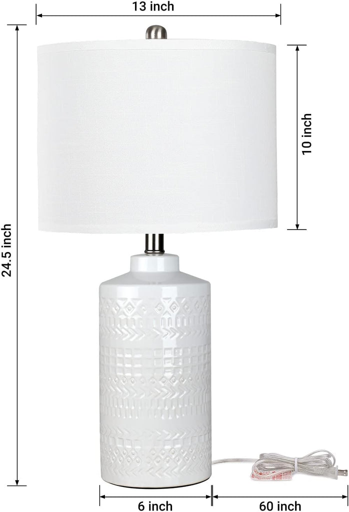 24.5" White Ceramic Table Lamp 3-Way Dimmable Nightstand with White Linen Shade Bedside Lamps & Living Room Office