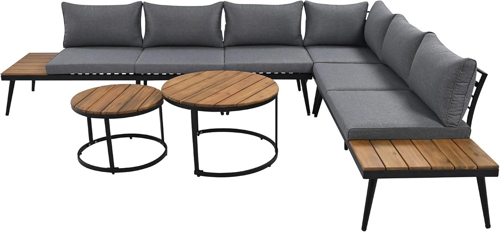 4-Piece Outdoor Sectional Sofa Set with Nesting Coffee Table and Cushion, Outdoor Acacia Wood L-Shaped Corner Sofa