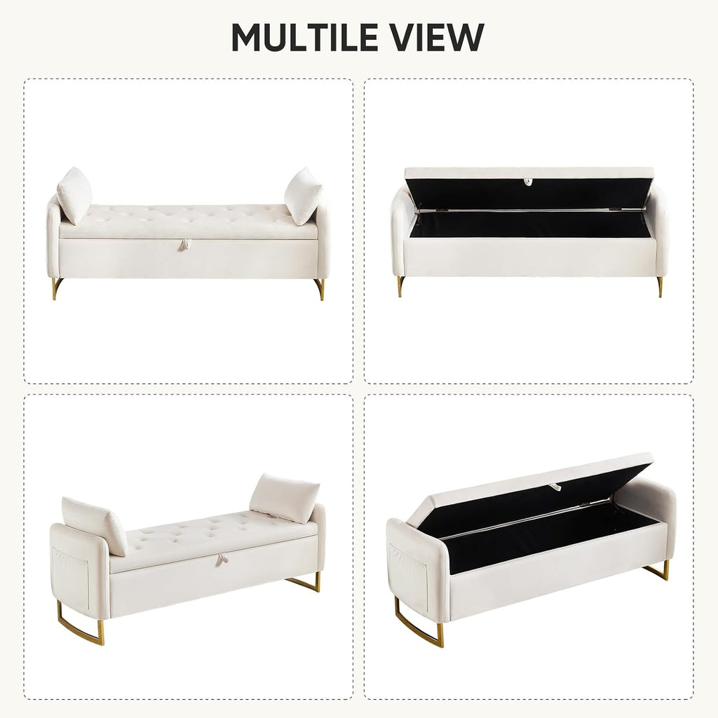 65" End of Bed Storage Bench, Velvet Storage Bench , Bed Bench with Storage, Tufted Upholstered and Gold Legs