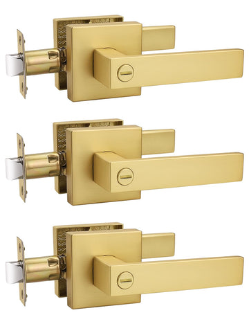 3 Pack Heavy Duty Gold Square Privacy Interior Door Levers, Satin Brass Finish, Bedroom and Bathroom Door Handles
