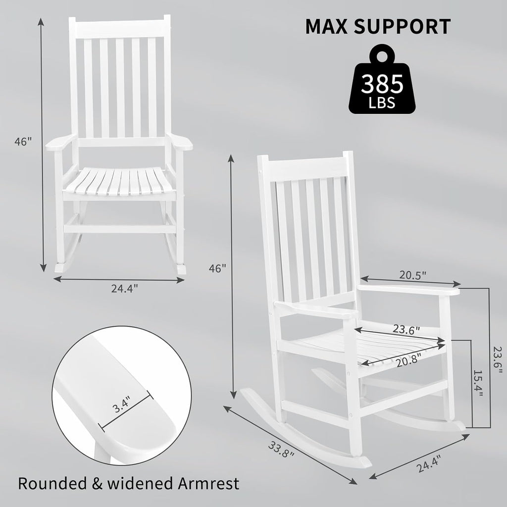 Outdoor Rocking Chair, Solid Wood High Back Porch Rocker, White | All-Weather Lounge Design Supports Patio, Fire Pit