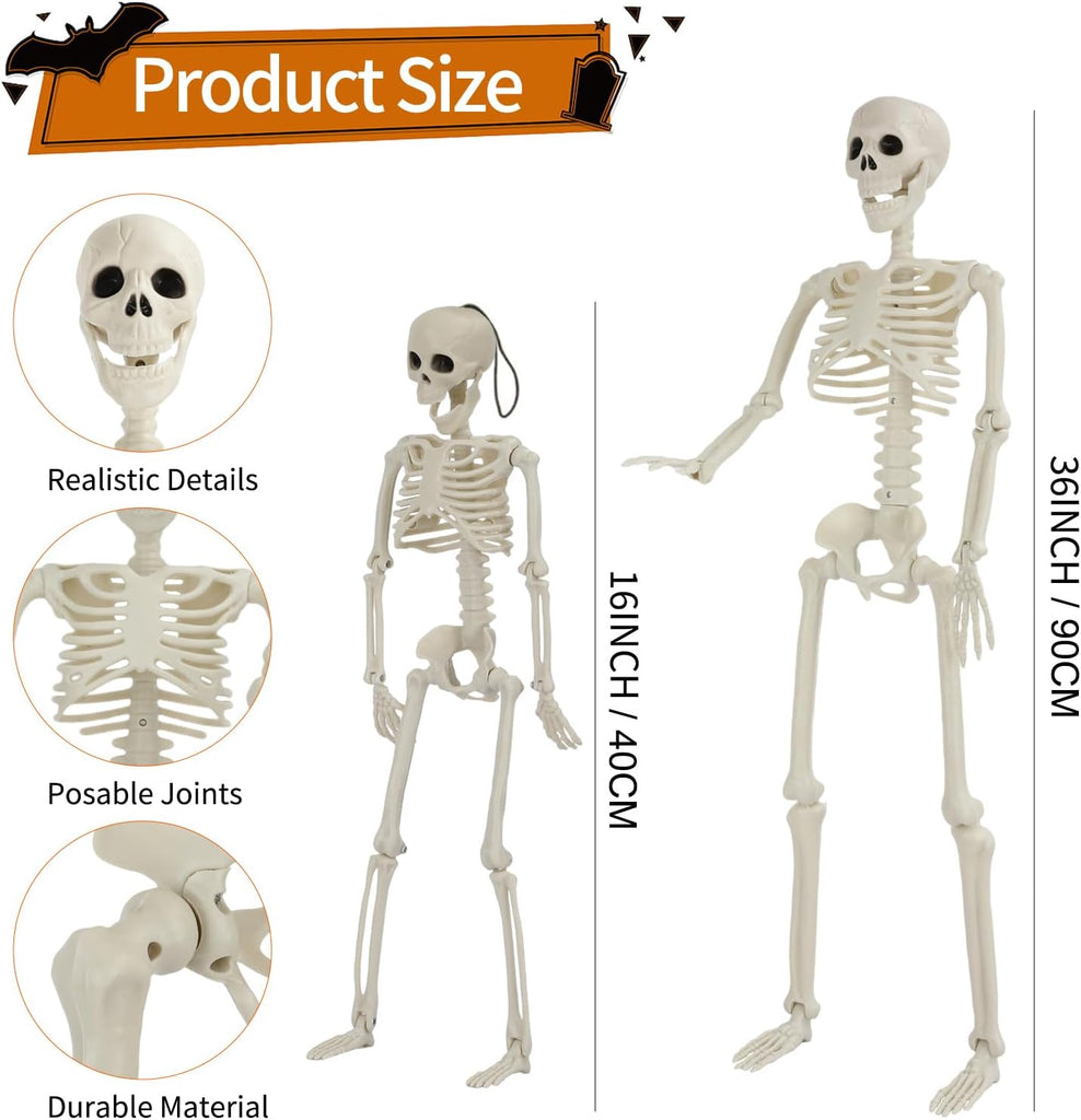 Halloween Skeleton Decorations, 2 Pack 36" Full Body Joints Posable Skeleton with 3 Pack 16" Hanging Skeleton, Creepy - Set of 2