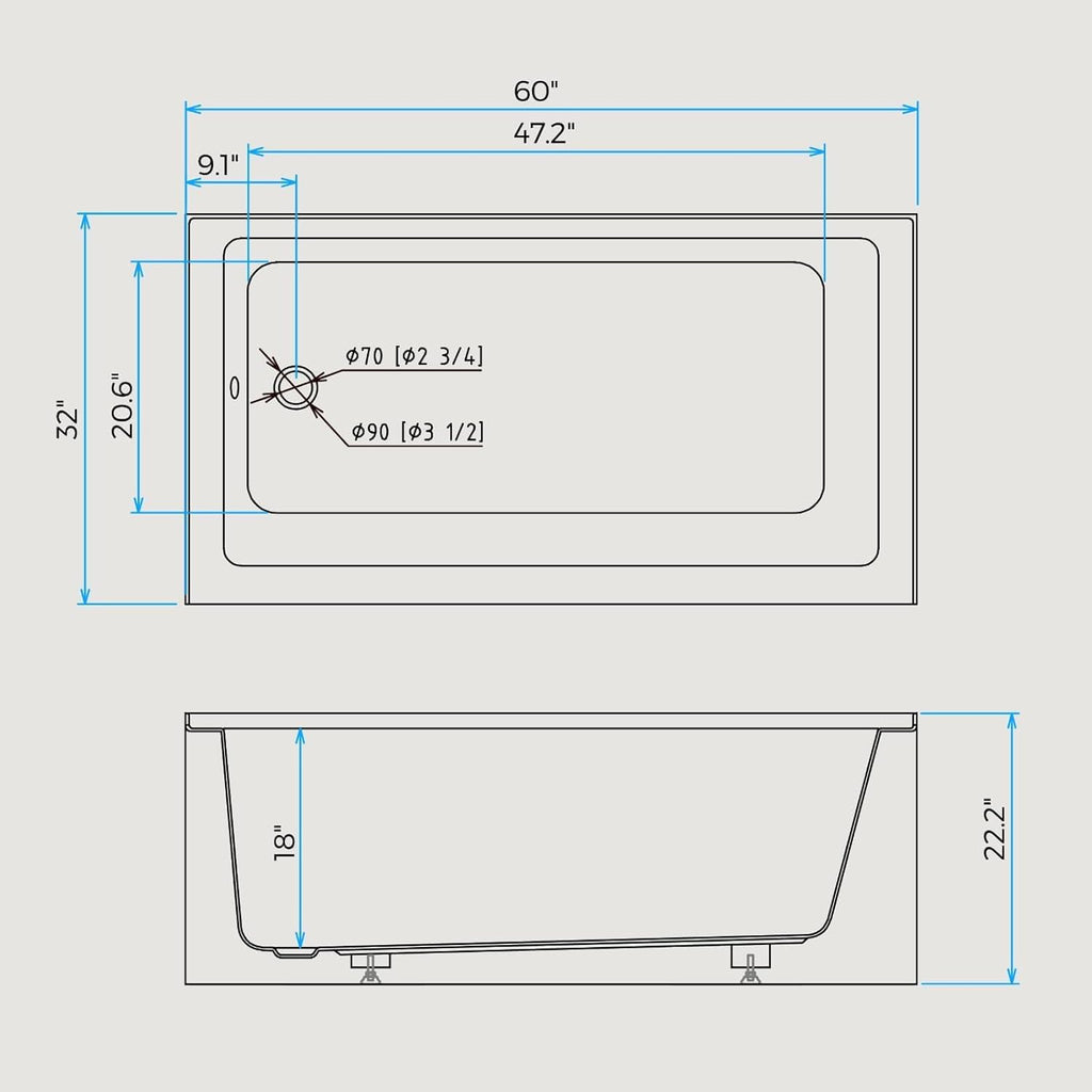 60" X 32" Acrylic Drop-in Bathtub, Glossy White Soaking Tub with Storage Ledge, Left Drain & Integral Flange