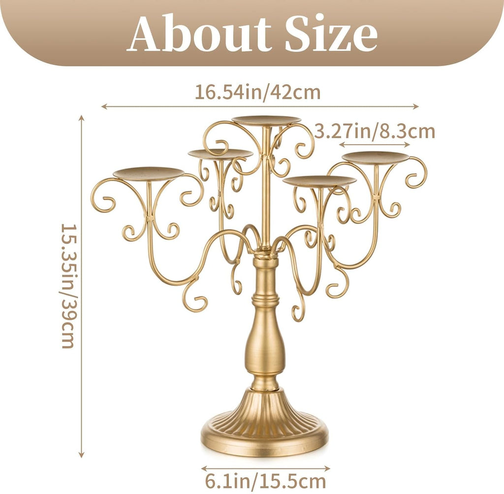 Gold Candelabra Candle Holder - 5 Arm Pillar Candle Holders with Crystal Beadsedding Candleholders Decoration Set of 2