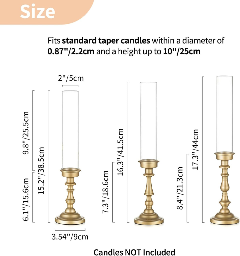Gold Candlestick Holders Bulk: Set of 6 Tall Hurricane Glass Taper Candleholders - Vintage Candles Stick Stand for