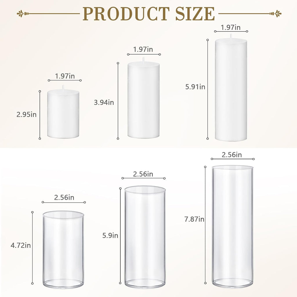 12 PCS White Pillar Candles with Glass Candle Holders Clear Hurricane Candle Holders Glass Cylinder Vases for