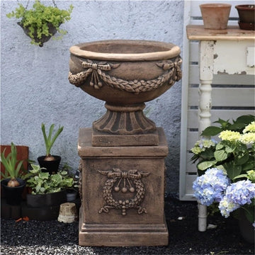 Vintage Magnesium Oxide Flower Pots, Large Urn Planter with Wide Pot | Freestanding Pedestal Planter, Fluted Planter