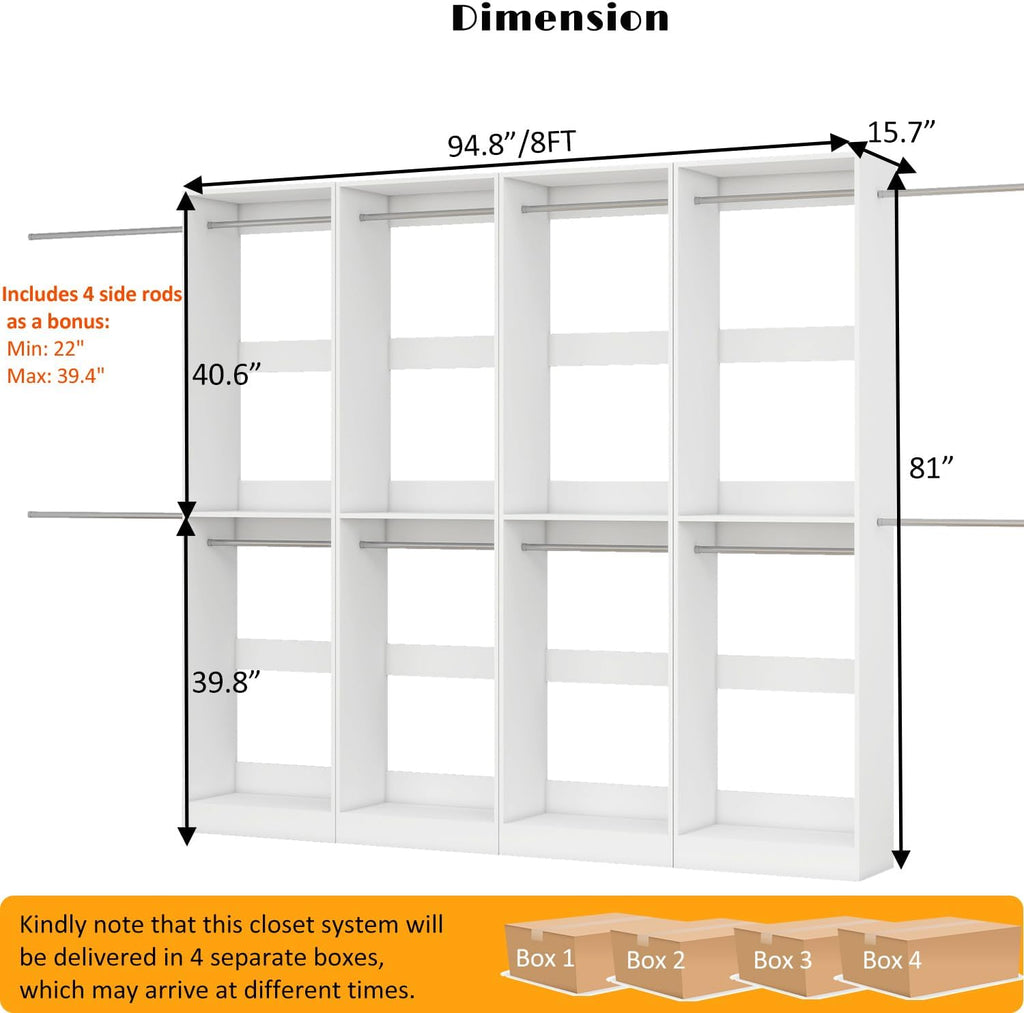 Closet System, 8FT Closet Organizer System Small Wood Walk-in Closet Freestanding System Corner Closets Shelf Storage