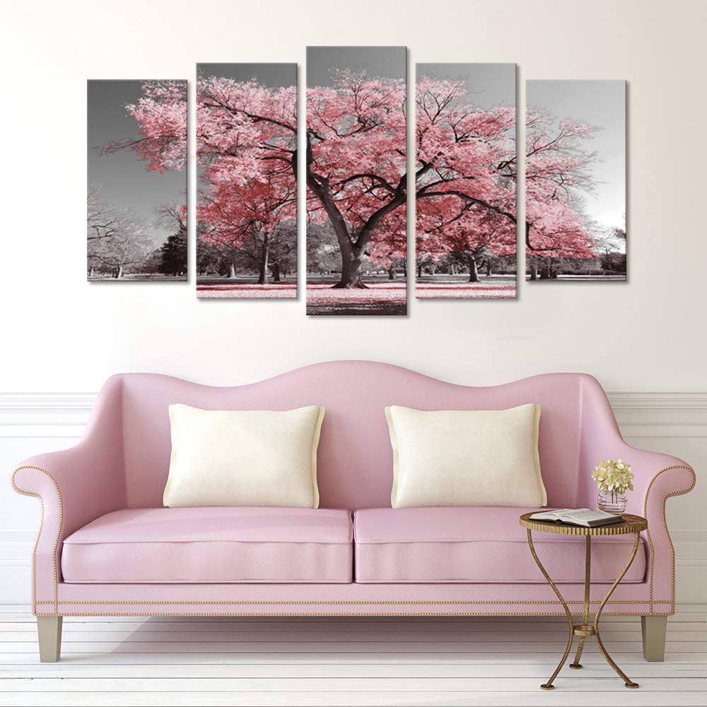 Large 5 Pieces Black and White Canvas Wall Art Pink Tree Landscape Picture Prints Framed and Stretched Painting Wall