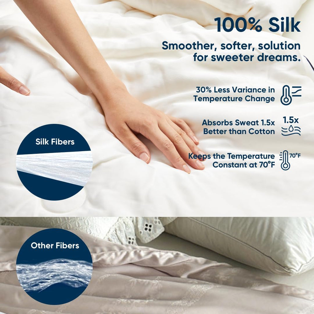 All-Season Silk Comforter, Quilt and Duvet Insert for Hot Sleepers, 100% Silk Fill with 100% Cotton 